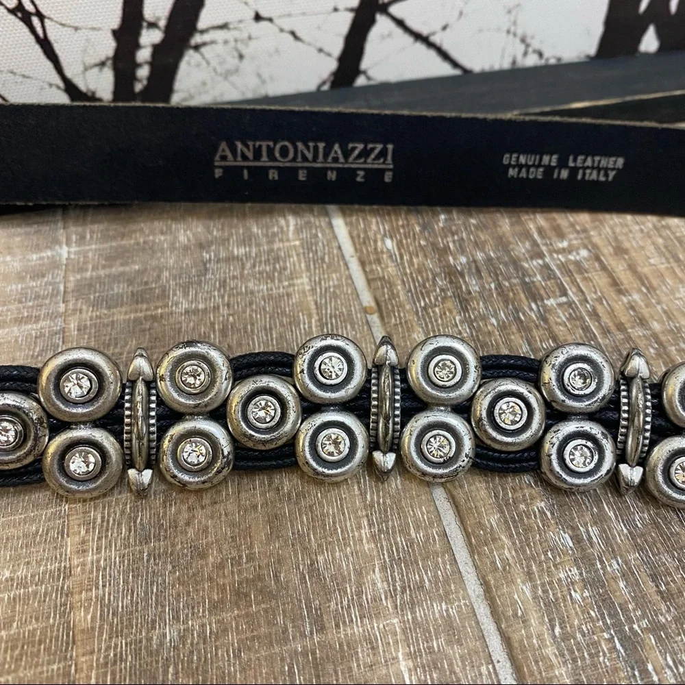 ANTONIAZZI FIRENZE Black Leather Belt Silver Hardware Rhinestones Made in Italy